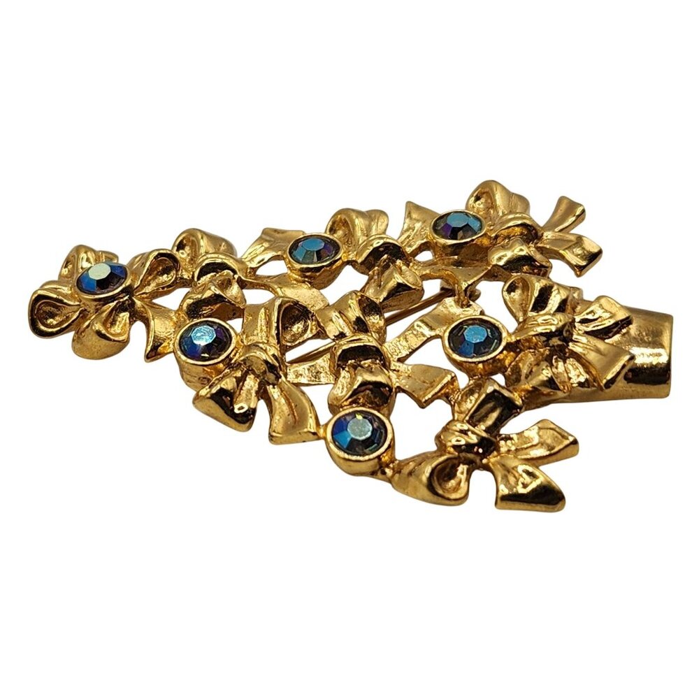 Vintage Avon Signed Gold Christmas Tree Brooch Blue AB Rhinestones Holiday Pin - Picture 3 of 5